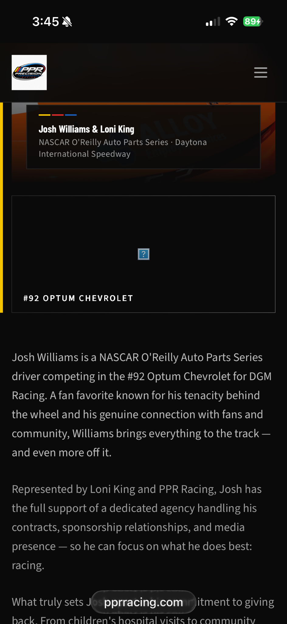 #92 Optum Chevrolet — Josh Williams, NASCAR O'Reilly Auto Parts Series